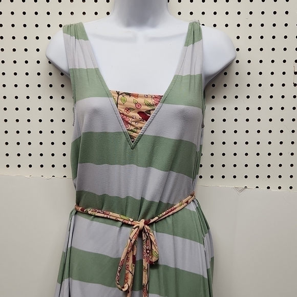 Matilda Jane Dresses & Skirts - MATILDA Jane Full Length Dress Green Stripe With Floral Hem And Belt Accent Size